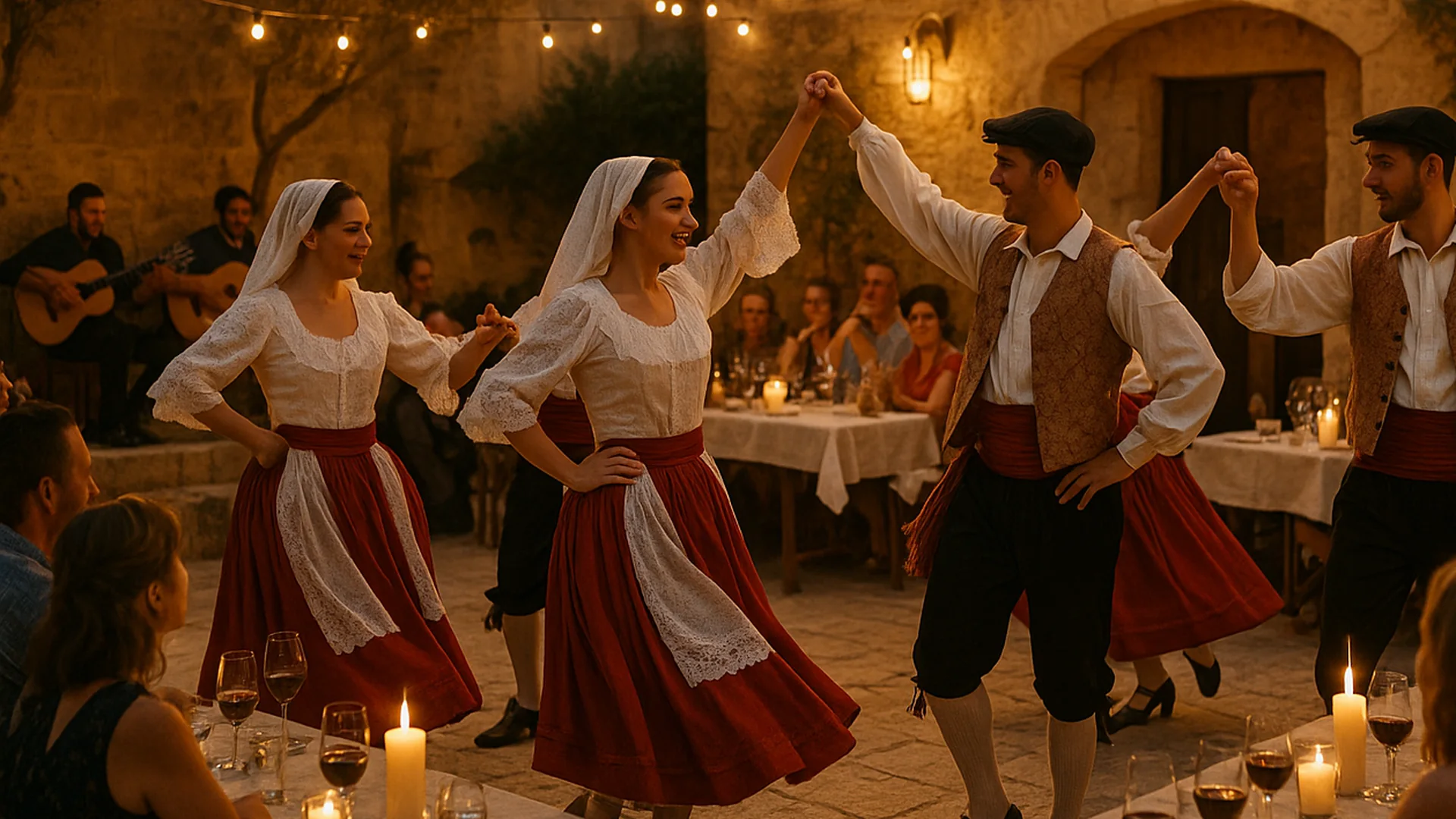 Maltští folklorní tanečníci v tradičních krojích vystupují mezi svícemi osvětlenými večeřovými stoly na vápencovém nádvoří pod světly festy
